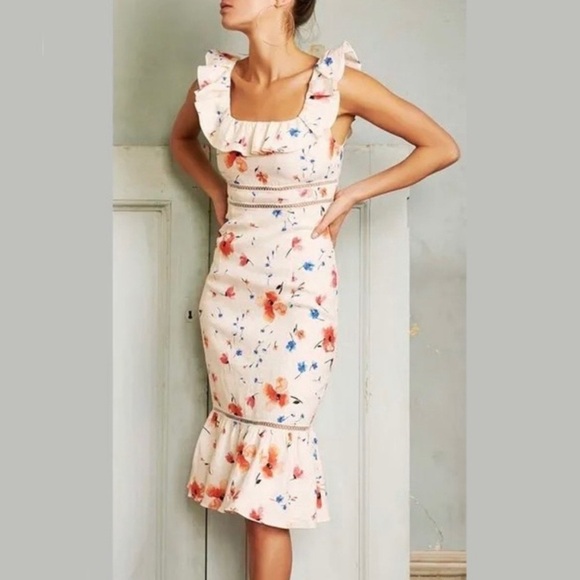 SAYLOR Floral Linen Mini Dress Ruffle Off the Shoulder Sleeves Floral - Picture 1 of 12